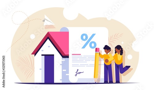 Mortgage loan form concept. Young family signs a mortgage document to buy a new home. Favorable interest from the bank. Vector isoalted illustration.