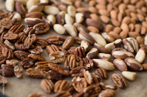 Background of mixed nuts - pecans  almonds  brasil nuts