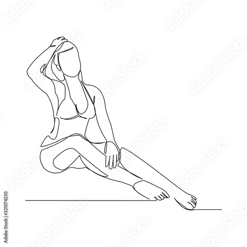 Continuous line drawing of sexy and beautyful girl sitting on the beach. Vector illustration.