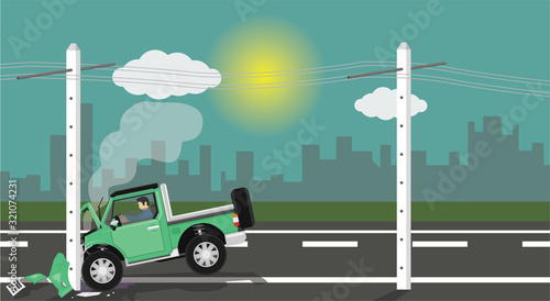 Damage Car crash pole light accident cannot drive. There was steam coming out of the radiator.The front is severely damaged. The equipment is broken. Someone is stuck in a car.
