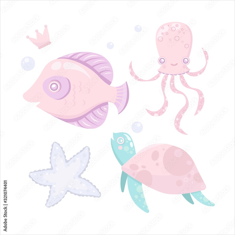 Vector sea animal fish, turtle, octopus, star. Cartoon illustration of marine life objects for your design. Isolated elements for kids book decoration, postcard, educational game, sticker.