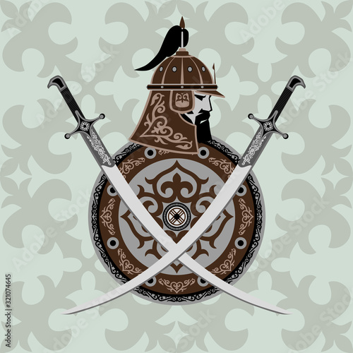 Central Asian warrior nomads, Isolated vector illustration in flat cartoon style . Kazakhstan.
