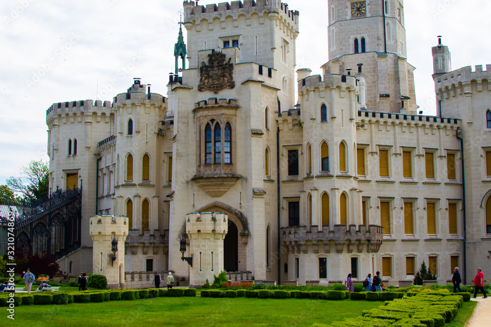Facade of Hluboka Castle (Hluboka nad Vltavou Castle), also called The State Chateau of Hluboka, a neo-gothic castle in South Bohemia, in Czech Republic