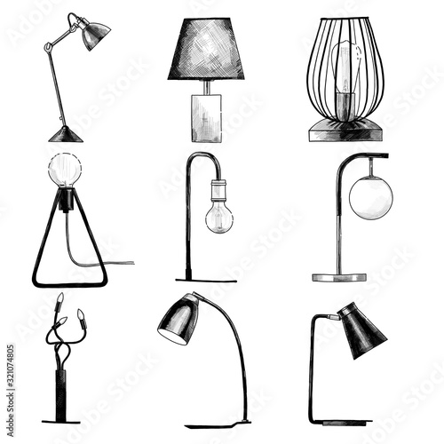 set of table lamps in loft style, sketch vector graphics isolated color illustrations