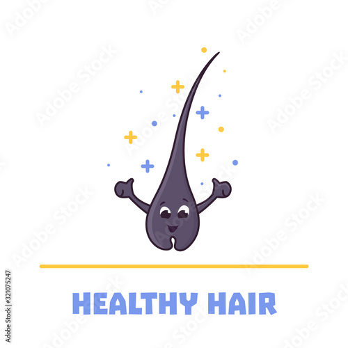 Happy healthy hair follicle cartoon character in good condition.  Removal, treatment and transplantation concept. Trichology medical vector illustration.