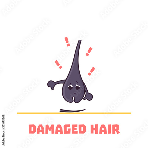 Unhappy damaged hair follicle cartoon character in bad condition. Removal, treatment and transplantation concept. Trichology medical vector illustration.