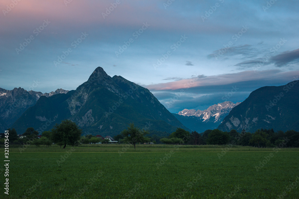 Fototapeta premium Julian Alps during sunset near the city of Bovec, Gorizia, Slovenia