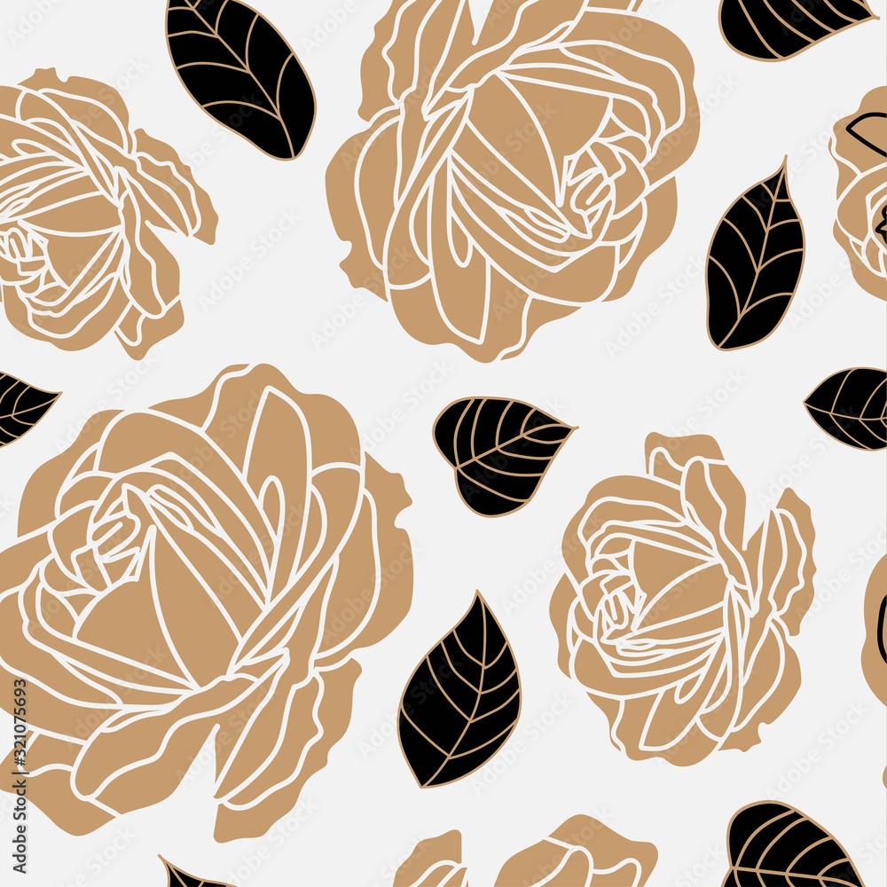 seamless pattern with golden roses and black golden frame leaf in light gray background. Luxurious and vintage style for valentines, home decor, background, package, gift, wall paper, graphic design. seamless pattern with golden roses and black golden frame leaf in light gray background. Luxurious and vintage style for valentines, home decor, background, package, gift, wall paper, graphic design.