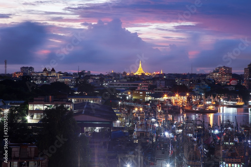 Beautiful sunset, Shwedagon Pagoda and Jetty