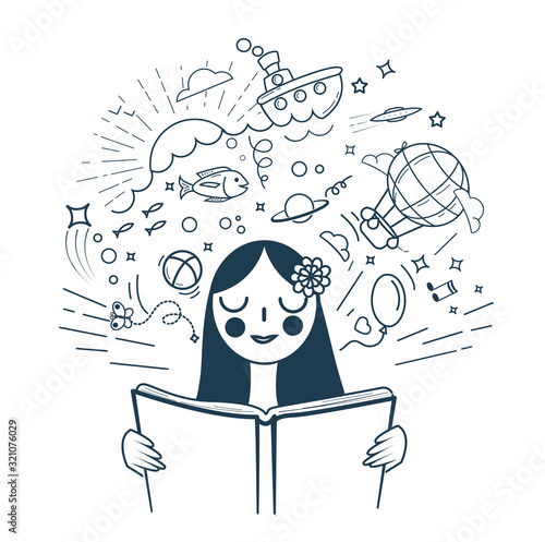 Girl reading a book  linear style black