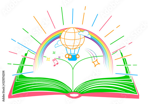 book and balloon under the rainbow