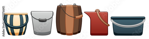 Buckets for cleaning, bathhouse and gardening set on white backgound