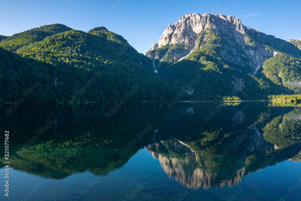 Lago del Predil mountain lake near Cave del Predil, Italy