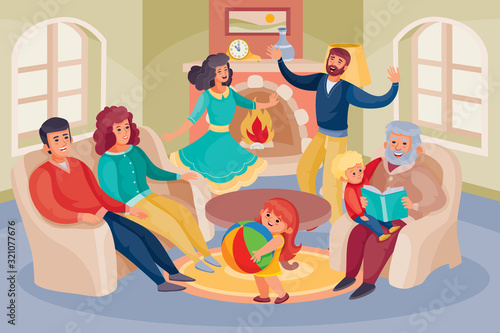 a family has gathered in a large room with a fireplace and large windows, parents are sitting on a sofa, grandfather is sitting with his grandson and reading a book to him, uncle and aunt are talking