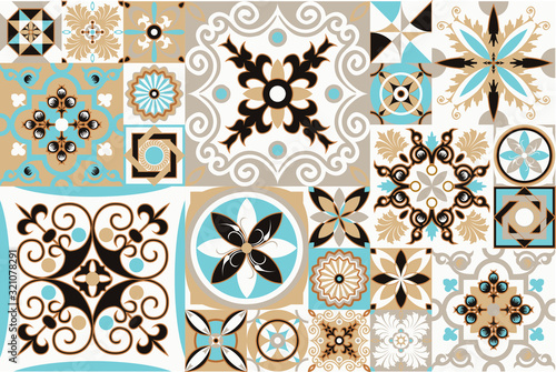 Seamless patchwork tile with Victorian motives. Majolica pottery tile, blue and white azulejo, original traditional Portuguese and Spain decor. vector