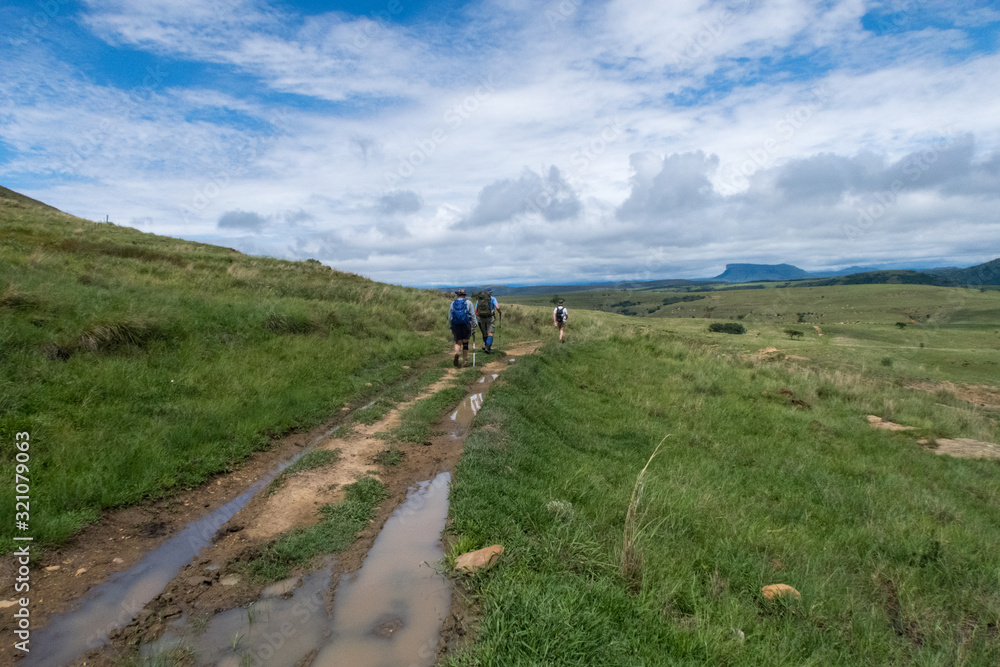 Hikers hiking In The Wide Green Open Grasslands With The Blue Sky and Drakensberg Mountains in South Africa