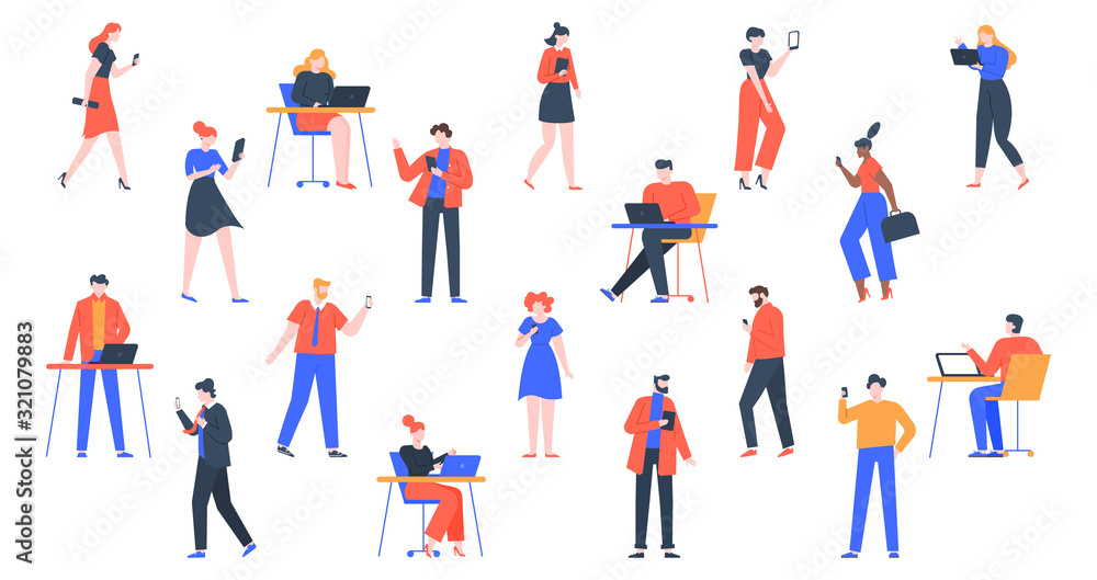 People with devices. Men and women use laptop, tablet and smartphones, characters with internet devices equipment, holding and using digital gadgets vector illustration set. young adult persons online