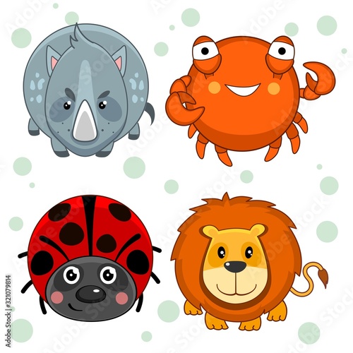 Set of beautiful circles icons from animals for design and kids, rhino, crab, lion and ladybug.
