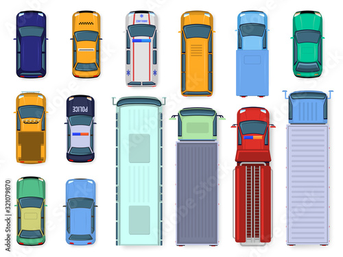 Car top view. Street vehicle engine roof viewing, traffic cars, city bus, ambulance and truck, public and civil transport isolated vector illustration set. flat color different vehicles from above