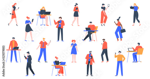People with devices. Men and women use laptop, tablet and smartphones, characters with internet devices equipment, holding and using digital gadgets vector illustration set. young adult persons online