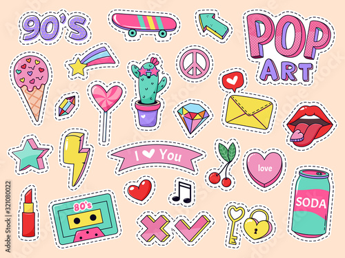 Fashion pop art patch stickers. Girls cartoon cute badges, doodle teenage patches with lipstick, cute food and 90s elements, retro sticker pack vector illustration icons with music cassette, lollipop