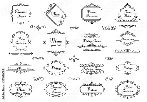 Decoration ornament frame. Calligraphy swirl heraldic frames, decorative elegant monogram border and vintage wedding elements vector illustration isolated set. victorian floral book retro dividers