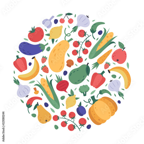 Vegetables and fruits pattern. Kitchen veggies and fruits hand drawn doodle rounded poster, fresh organic vegetarian wrapping, healthy lifestyle vector colourful background. flat healthy menu design