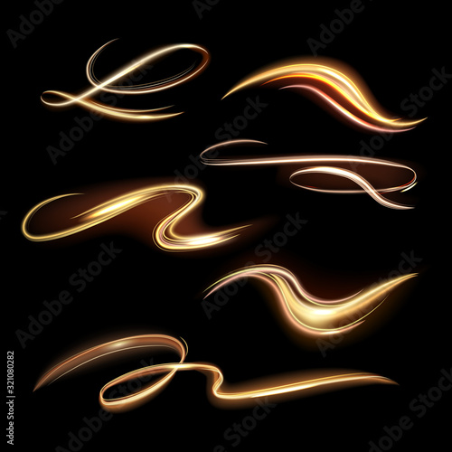 Spiral shining trail. Energy golden flame, glow transparent trails, spiral light effect waves and beautiful light path vector illustration isolated set. vibrant magic power yellow tails photo