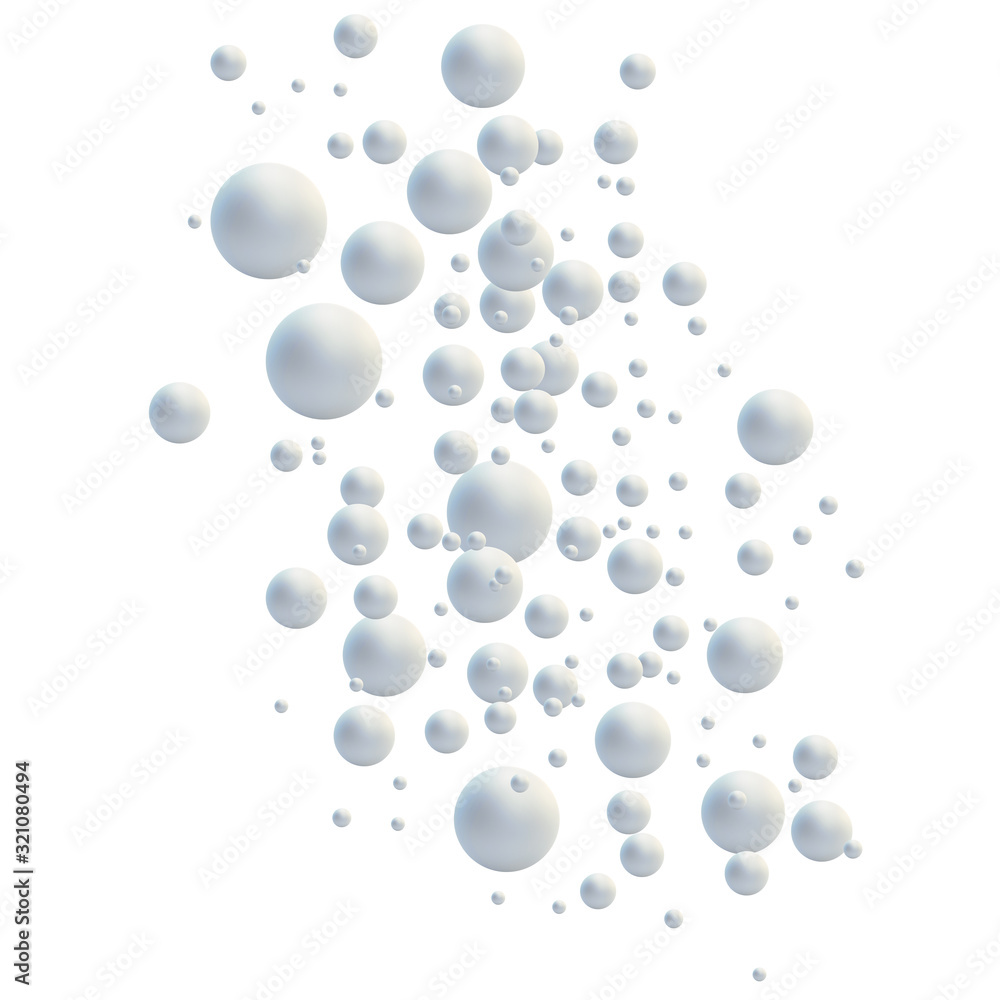 White Sphere on white background. Abstract of chaotic low poly shapes. Sphere mockup. Realistic spheres of shower bubbles for web design. 3d illustration
