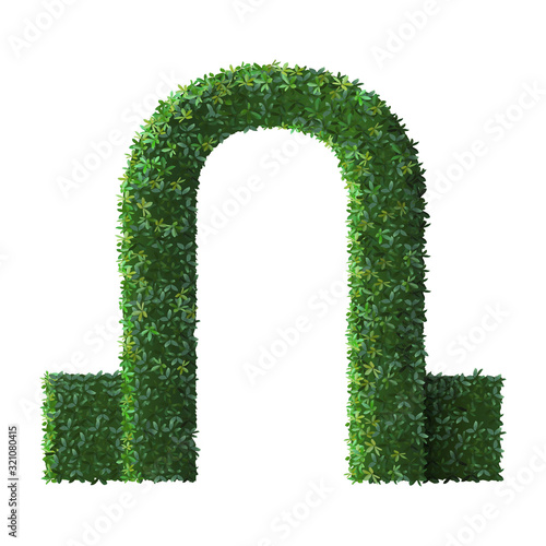 Realistic park sculpture arch. Nature green shrub fence, floral branches and evergreen leaves gate, tree crown bush foliage entrance portal vector isolated 3d illustration
