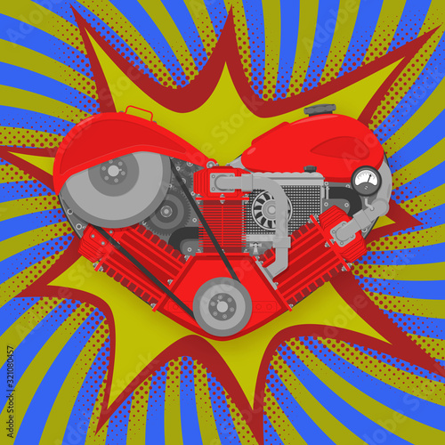 Steampunk motor heart retro poster. Vector.