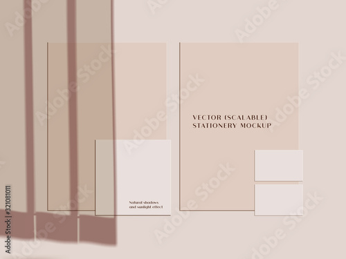 Paper stationery set mockup with shadow overlay