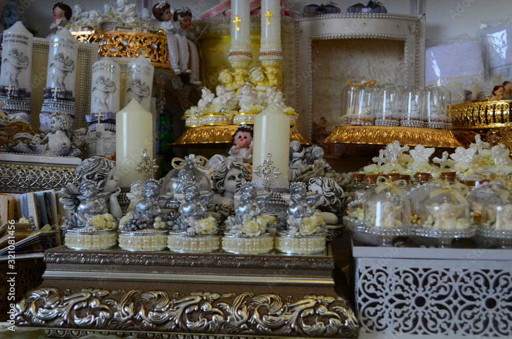 Decorated area with white wooden candle lamps and flowers Decorated area with white wooden candle lamps and flowers