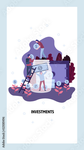 People put money in glass jar. Money saving and investment concept. Family budget, business, economy. Vector web site design template. Landing page website concept illustration