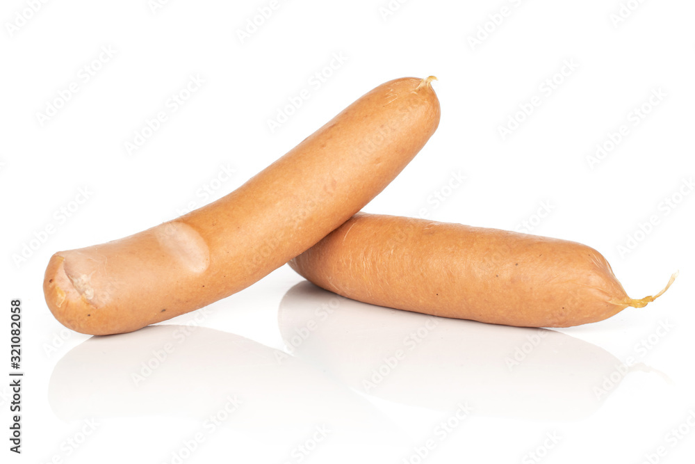 Group of two whole pork frankfurt sausage isolated on white background