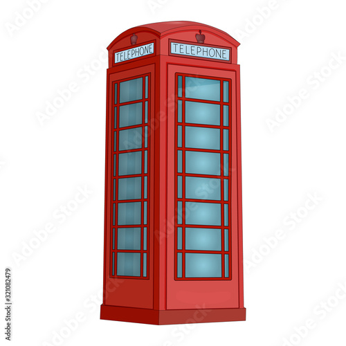 London phone booth isolated on white background. Red telephone box. British realistic style phone cabin. Traditional English phone street box. UK classic culture objects. Stock vector illustration