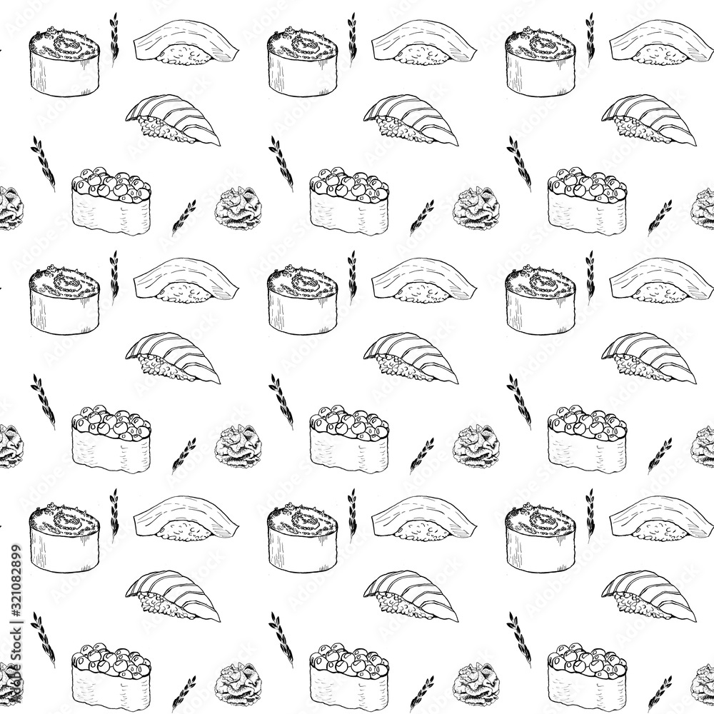 Hand drawn sushi pattern on isolated white background