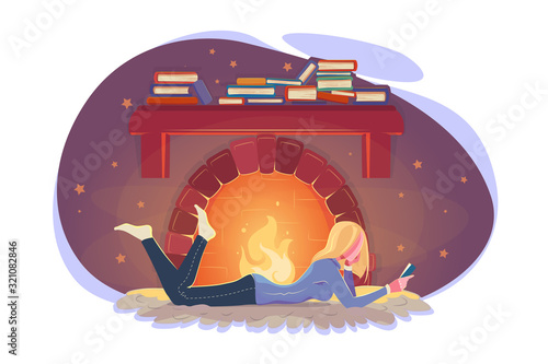 Girl read book in winter by fireplace. Cold weather illustration. Modern education concept. Cozy winter modern design. Young woman studying by fireside in flat style. Relax evening isolated on white