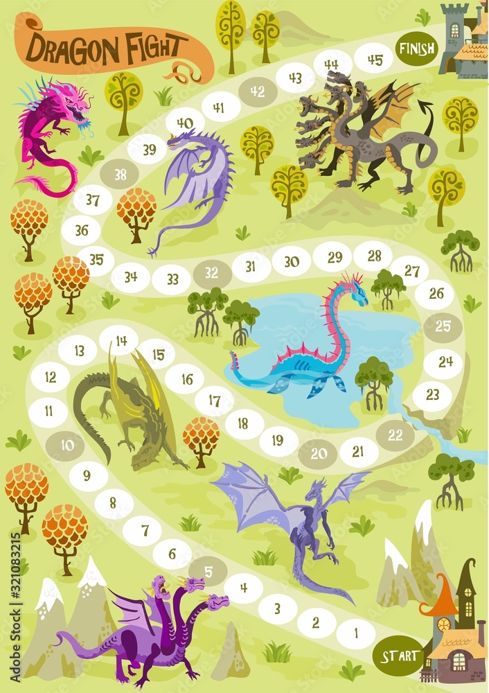 Board game with dragons, in fantasy adventure land with map illustration vector 