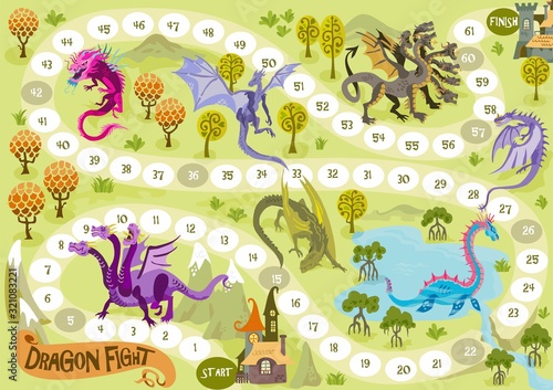 Board game with dragons, in fantasy adventure land with map builder illustration vector  photo
