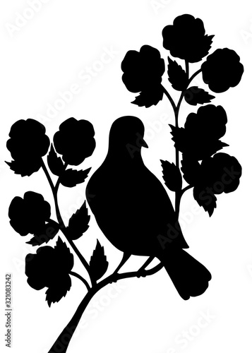 Black silhouette of a bird on a branch with flowers on a white background