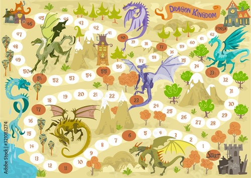 Board game with dragons, in fantasy adventure land with landscape illustration vector 