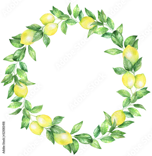 Watercolor lemon citrus wreath frame