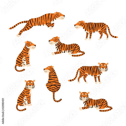 Powerful tiger in different actions set of cartoon vector Illustrations