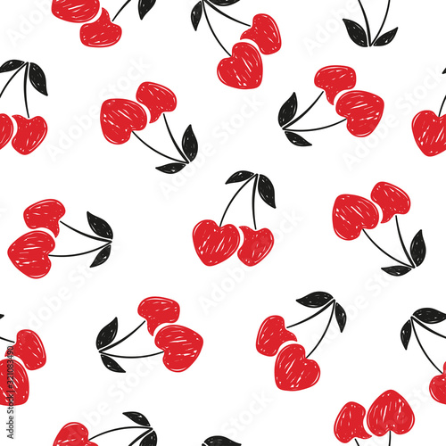Seamless heart shaped cherry pattern, Doodle vector illustration.