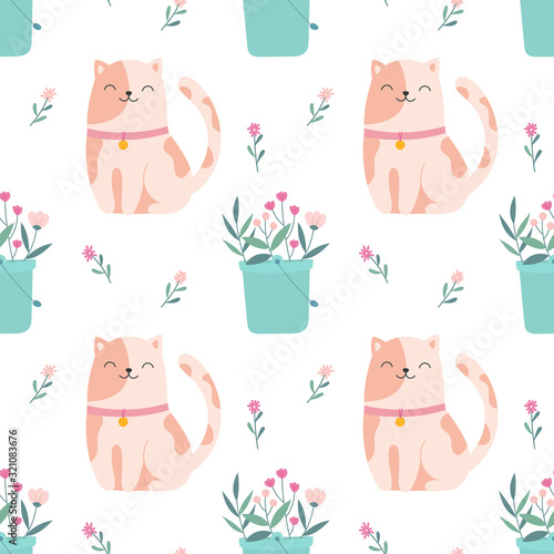 Seamless pattern cute kitten with a bouquet of flowers. Spring mood, home plants. Cartoon vector print for wrapping, kids clothing, fabric, wallpaper,  bed textile.