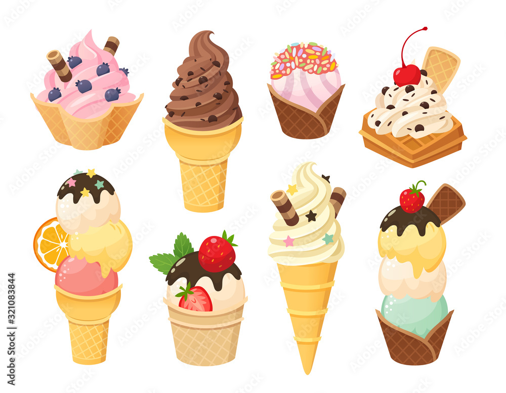 Cartoon ice cream and waffle cones with gelato balls. Ice cream dessert  food in chocolate strawberry mint and vanilla flavors. Various toppings  waffle cups and sundae. Vector illustration part 1/5 Stock Vector |