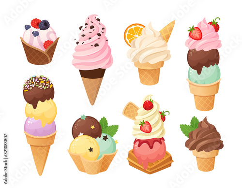Cartoon ice cream and waffle cones with gelato balls. Ice cream food in chocolate strawberry mint and vanilla flavors. Dessert foods. Different topping and fruit.  Vector illustration part 3/5