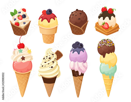 Cartoon gelato and waffle cones with ice cream balls. Ice cream food in chocolate strawberry mint and vanilla flavors. Various toppings waffle cups and sundae.  Vector illustration desserts part 2/5