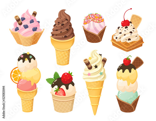 Cartoon ice cream and waffle cones with gelato balls. Ice cream dessert food in chocolate strawberry mint and vanilla flavors. Various toppings waffle cups and sundae.  Vector illustration part  1/5